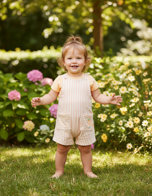 Charming Baby Summer Set | Yellow Tee & Striped Peach Dungarees