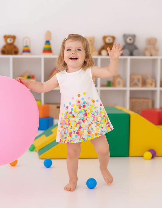 Sleeveless White Satin Dress with Vibrant Confetti Print