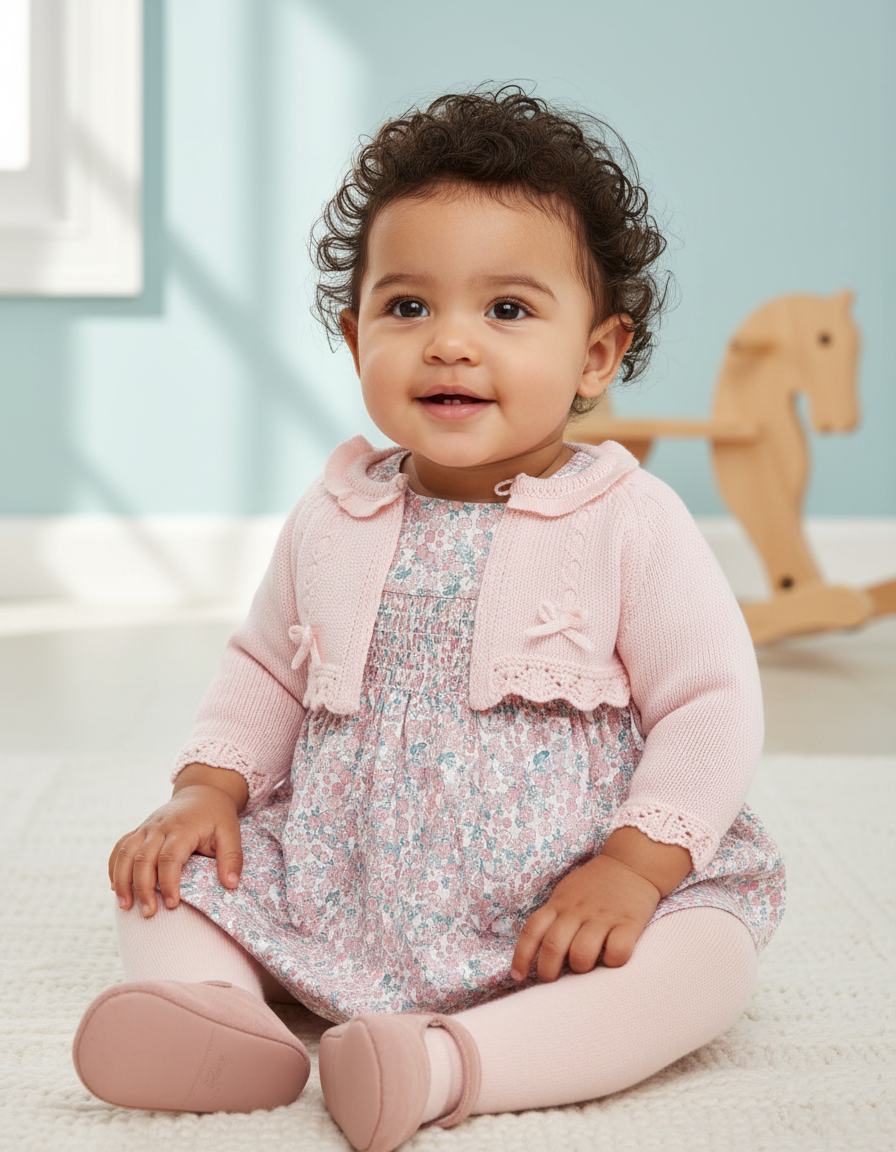 Soft Pink Baby Knit Cardigan with Bows & Lace Trim