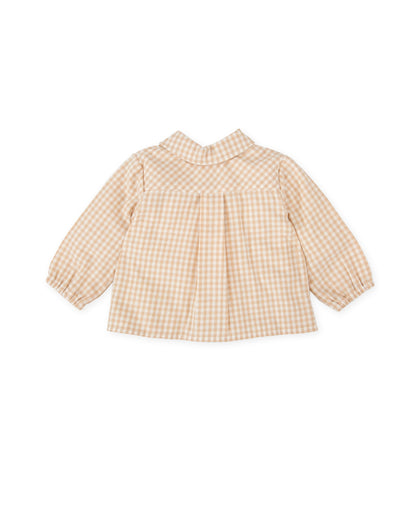 Sand Gingham Baby Shirt - Soft Cotton, Embroidered Detail