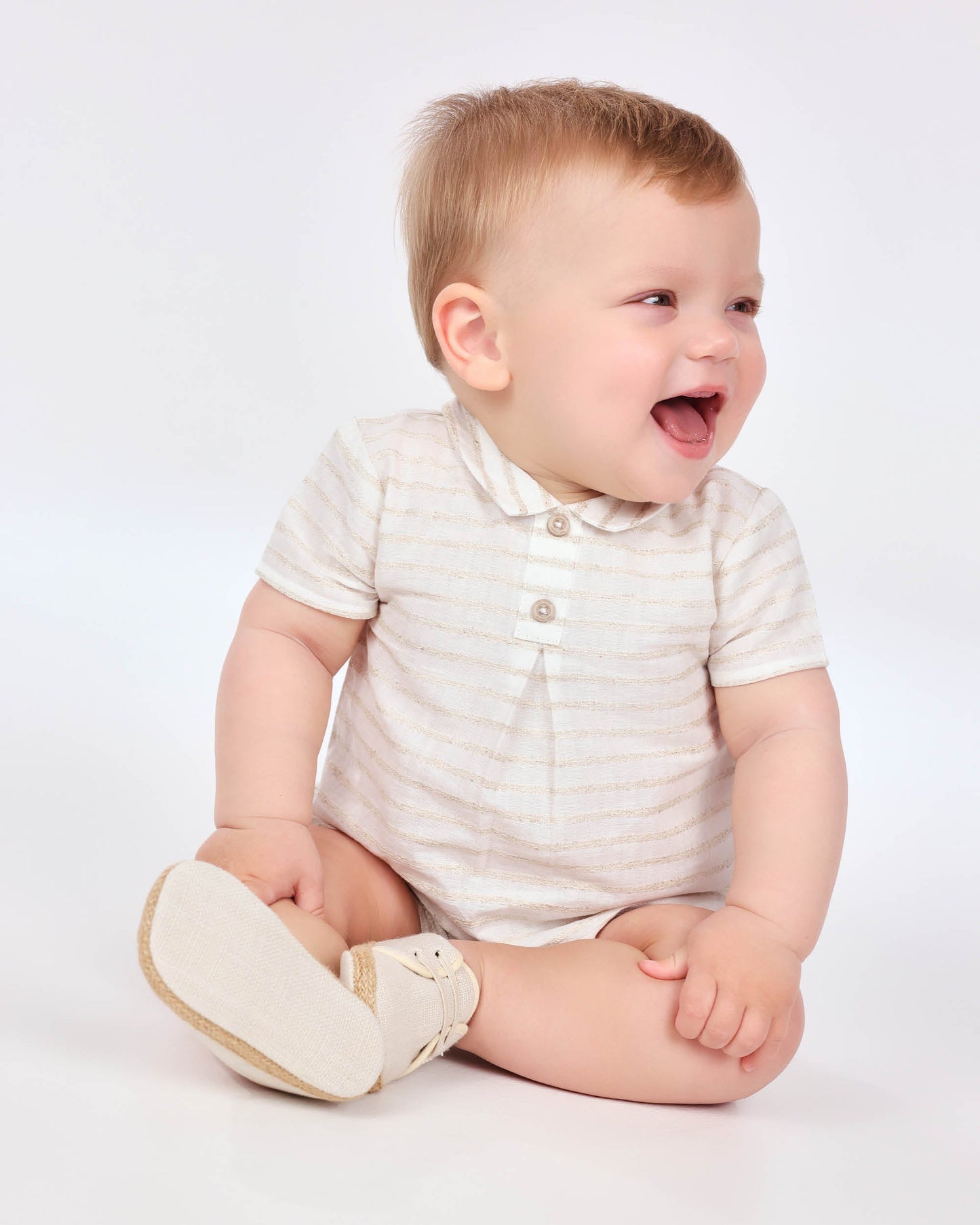 Off-White Baby Linen Shirt with Classic Stripes & Button Detail