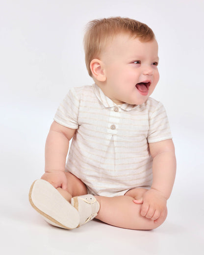 Off-White Baby Linen Shirt with Classic Stripes & Button Detail