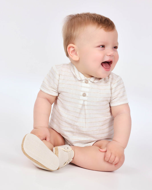 Off-White Baby Linen Shirt with Classic Stripes & Button Detail