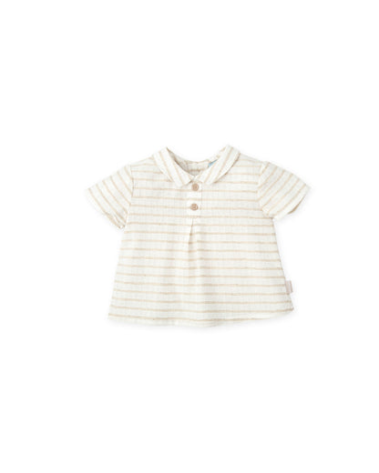Off-White Baby Linen Shirt with Classic Stripes & Button Detail