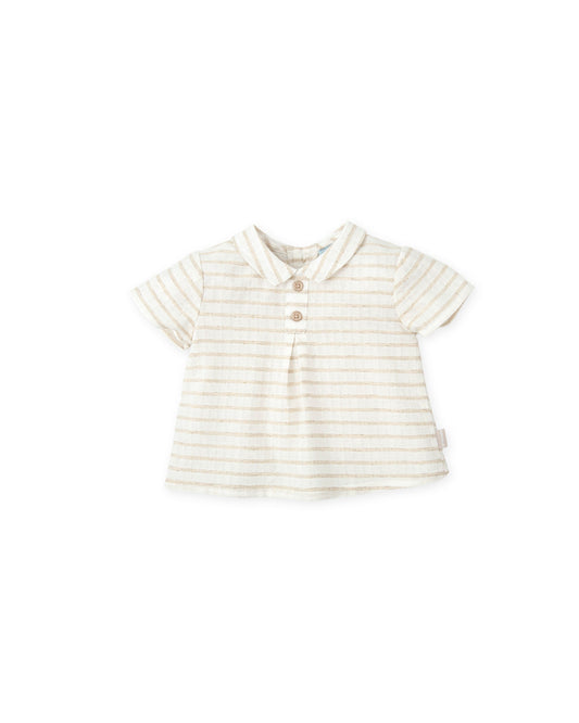 Off-White Baby Linen Shirt with Classic Stripes & Button Detail
