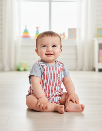 Red & Blue Striped Cotton Baby Romper | Summer Dungaree Outfit