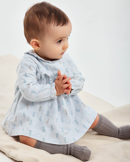 Charming Blue Bunny Print Baby Dress - Soft Cotton Blend