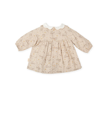 Charming Long-Sleeve Baby Dress with Vintage Train Print