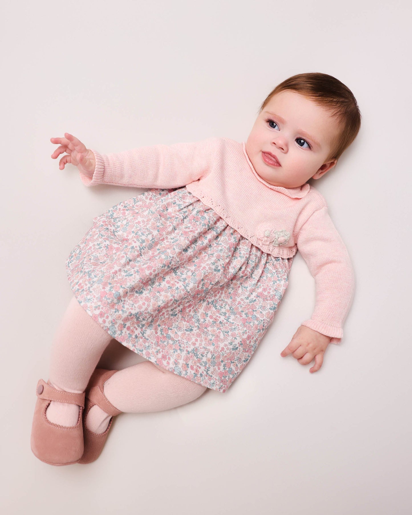 Pink Floral Baby Knit Dress with Crochet Trim - Cozy & Stylish