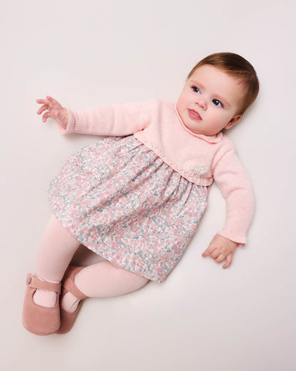 Pink Floral Baby Knit Dress with Crochet Trim - Cozy & Stylish