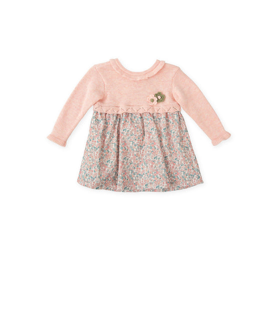 Pink Floral Baby Knit Dress with Crochet Trim - Cozy & Stylish