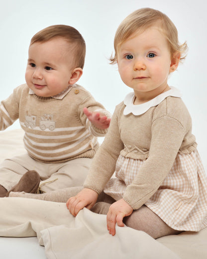 Cozy Knit & Gingham Baby Dress with Scalloped Collar