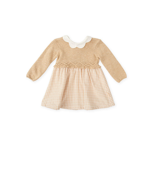 Cozy Knit & Gingham Baby Dress with Scalloped Collar