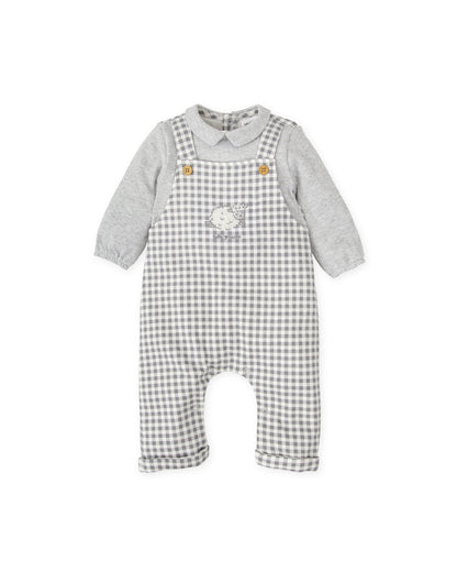 Cozy Gray Gingham Baby Jumpsuit with Sheep Embroidery