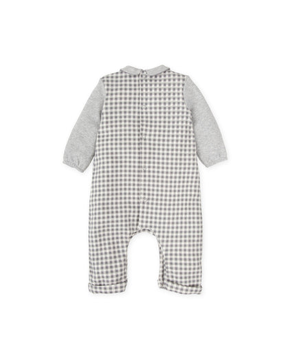 Cozy Gray Gingham Baby Jumpsuit with Sheep Embroidery