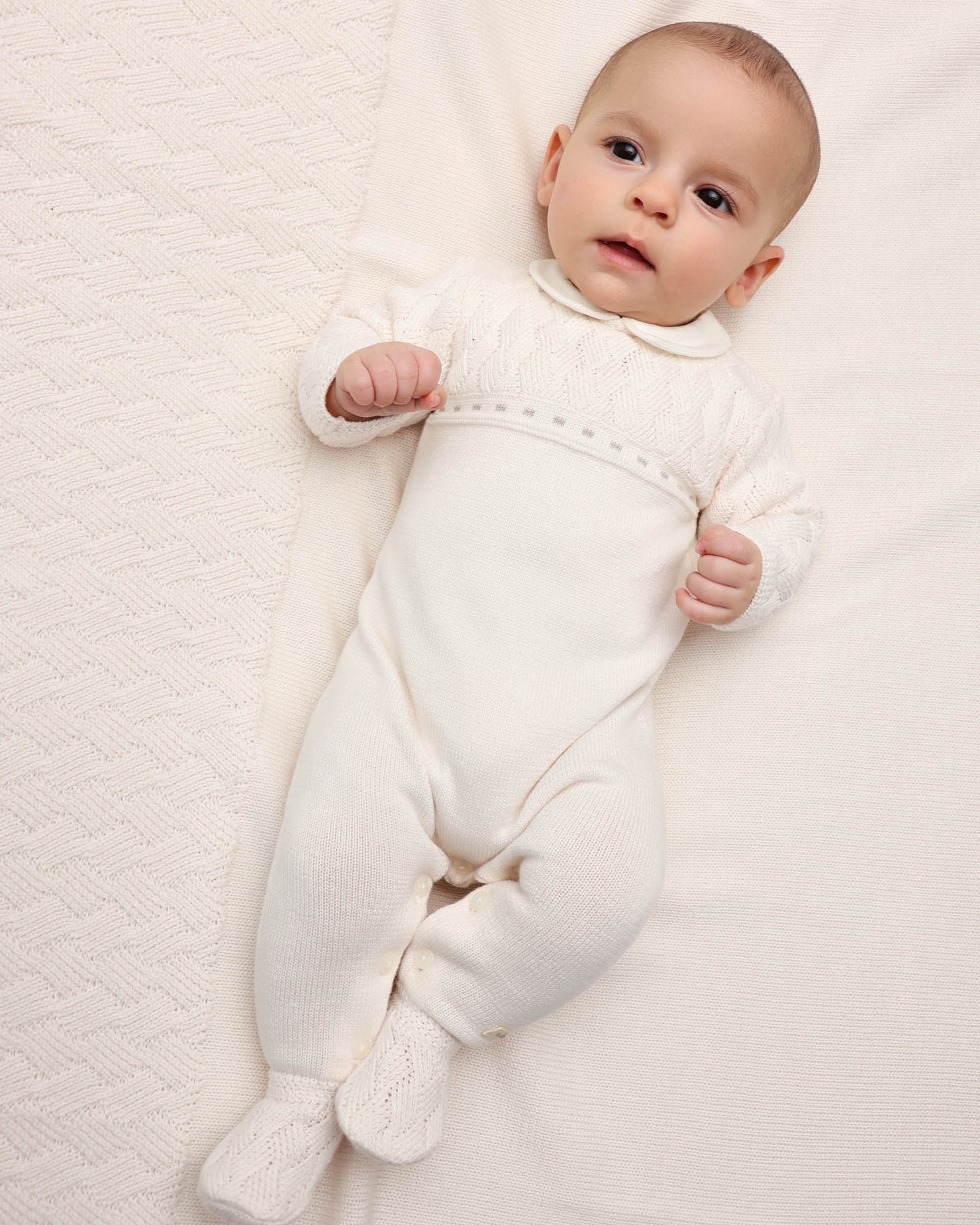 Soft Cream Knit Baby Footie Pajamas with Woven Collar
