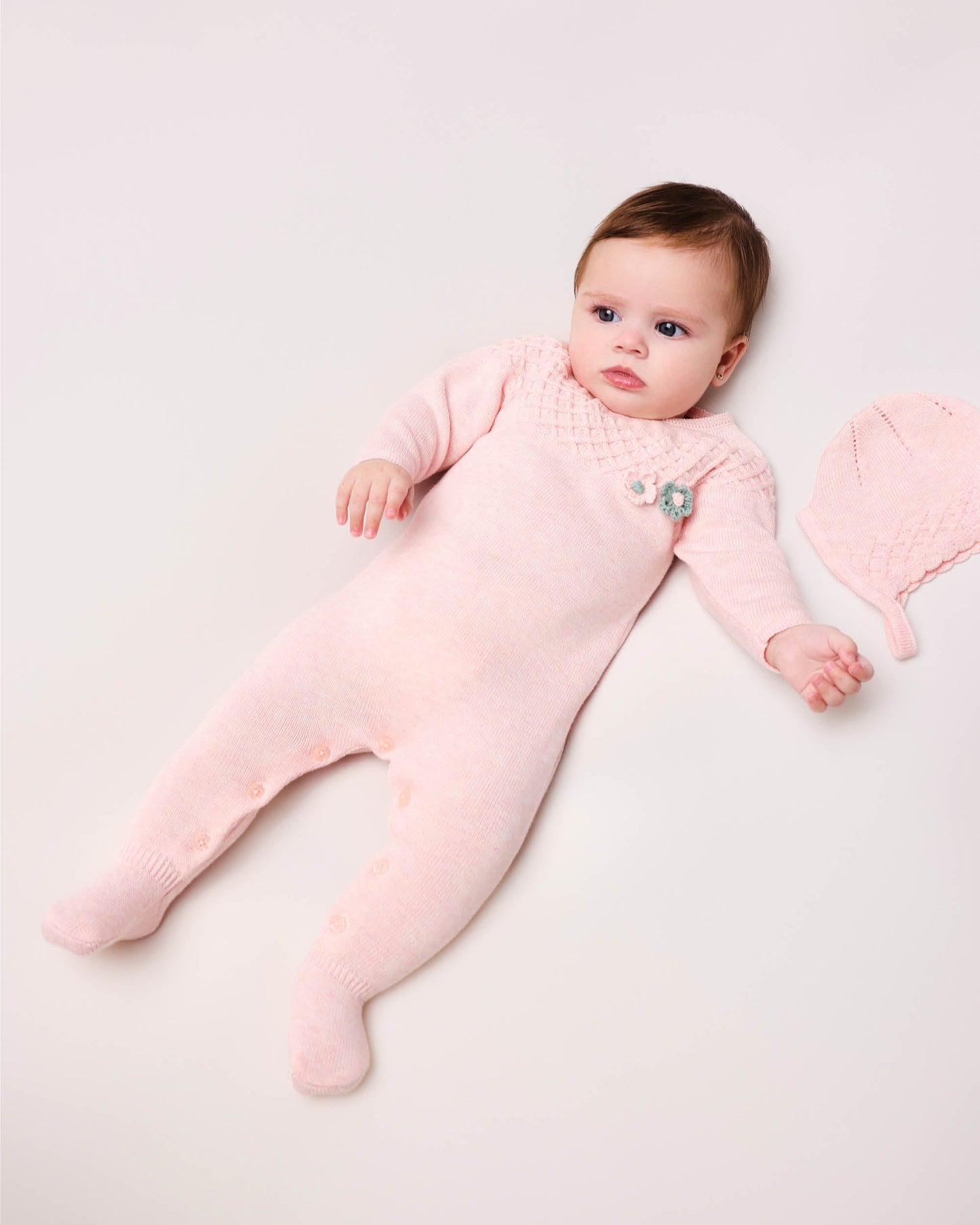 Soft Pink Baby Knit Footie Romper with Floral Design