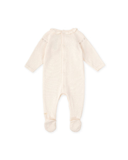 Cozy Ivory Knit Baby Girl Footie Pajamas with Ruffled Collar