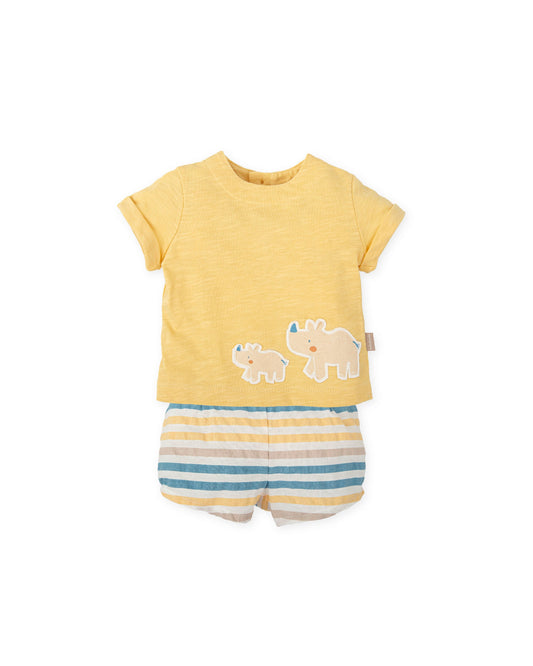 Yellow Baby Boy Outfit | Rhino T-Shirt & Striped Shorts Set | 100% Cotton