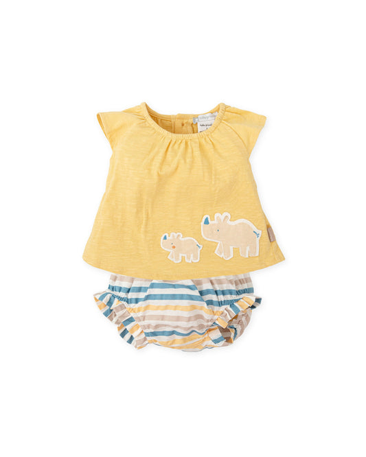 Yellow Baby Outfit Set: Rhino Top & Striped Bloomers - 100% Cotton
