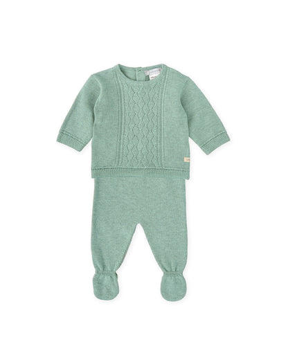 Newborn Two-Piece Knit Set in Sage Green with Footed Leggings