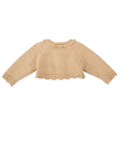Cozy Sand Knit Baby Cardigan with Lace Trim & Bow Accents