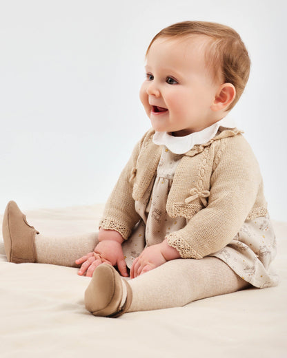 Cozy Sand Knit Baby Cardigan with Lace Trim & Bow Accents