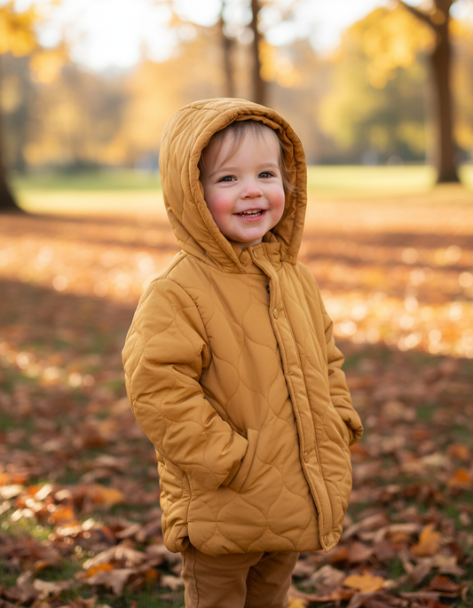 Warm Mustard Quilted Parka with Removable Hood for Kids