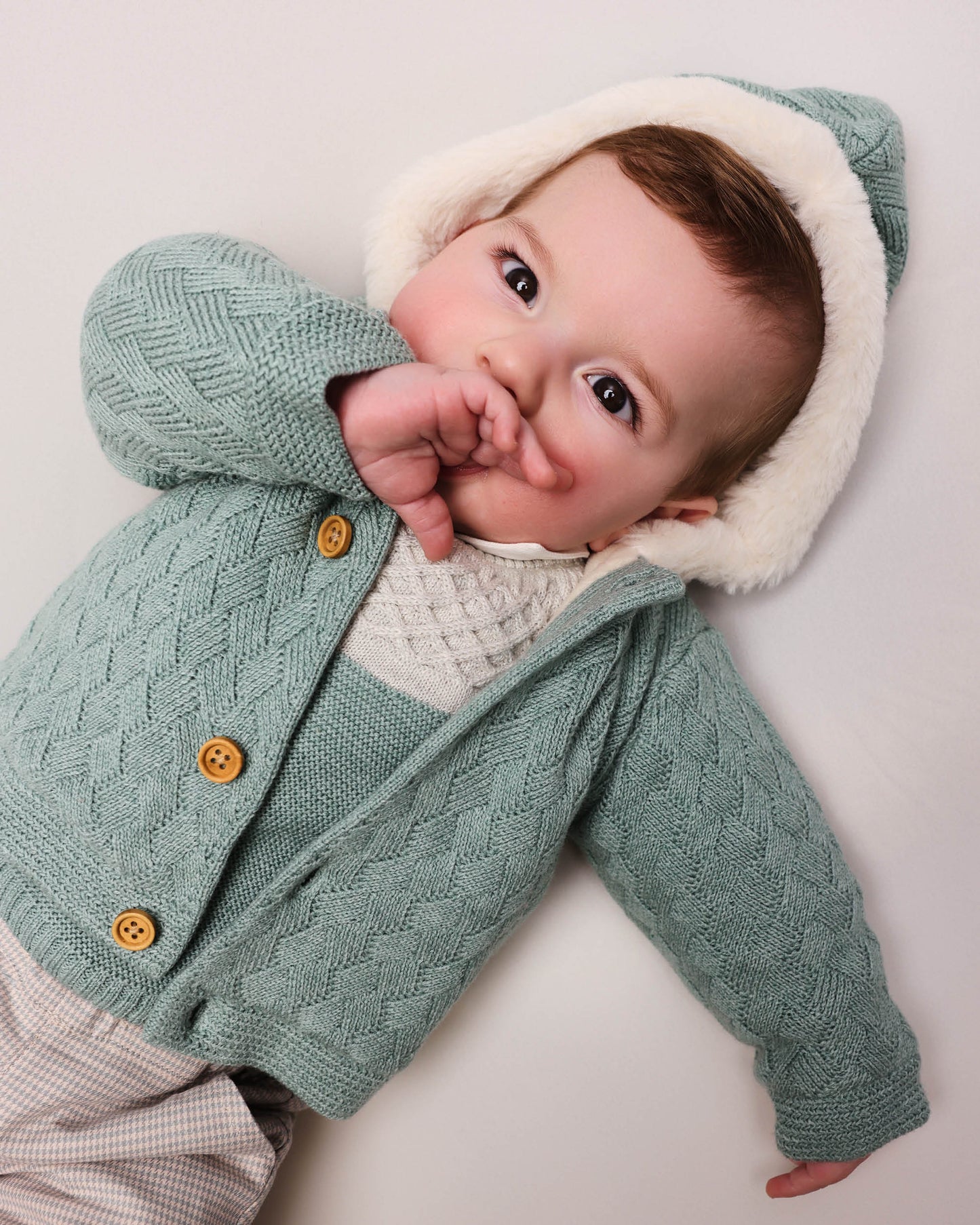 Cozy Sage Green Baby Knit Coat with Faux Fur Lining