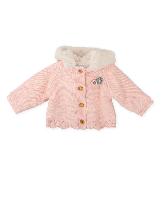 Soft Pink Baby Hooded Knit Coat with Faux Fur Lining