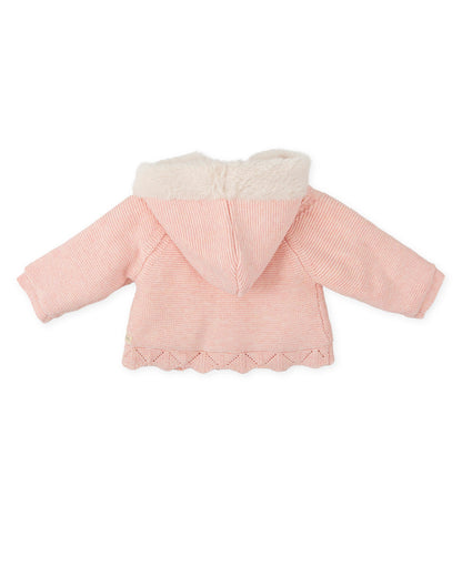 Soft Pink Baby Hooded Knit Coat with Faux Fur Lining