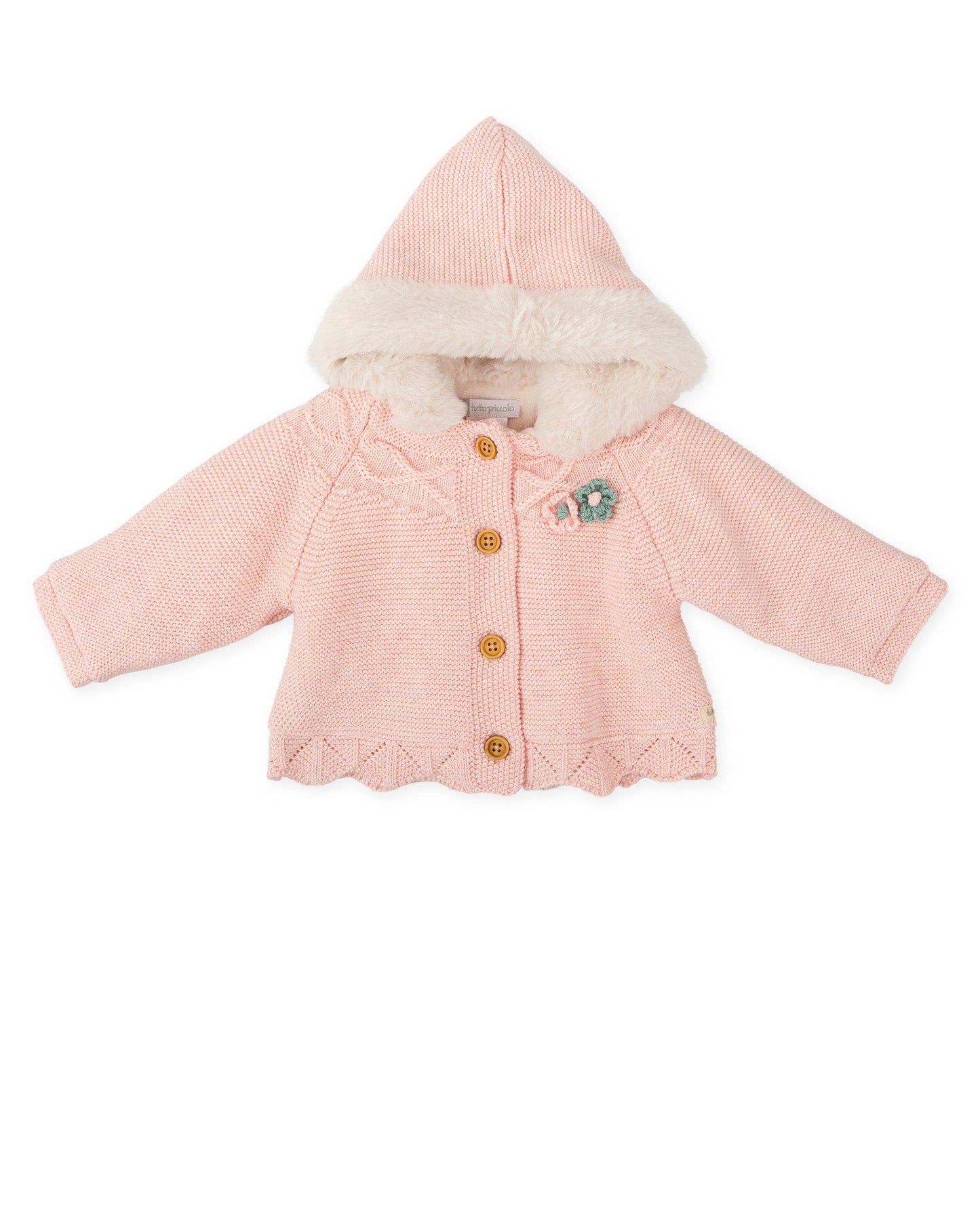 Soft Pink Baby Hooded Knit Coat with Faux Fur Lining