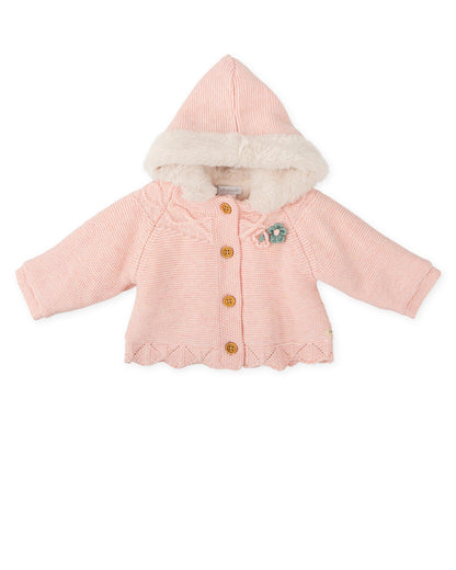 Soft Pink Baby Hooded Knit Coat with Faux Fur Lining
