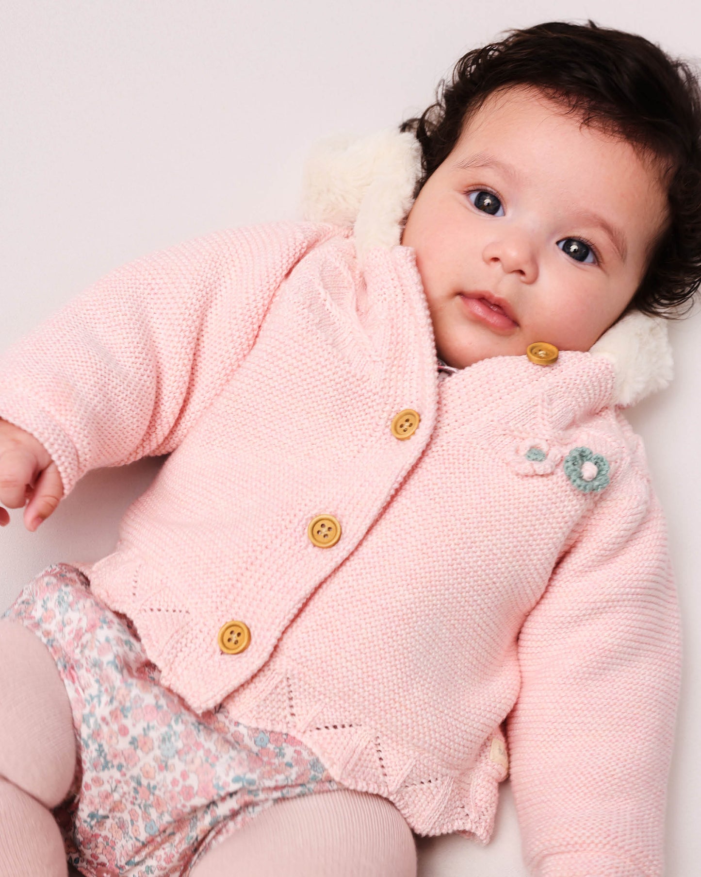 Soft Pink Baby Hooded Knit Coat with Faux Fur Lining