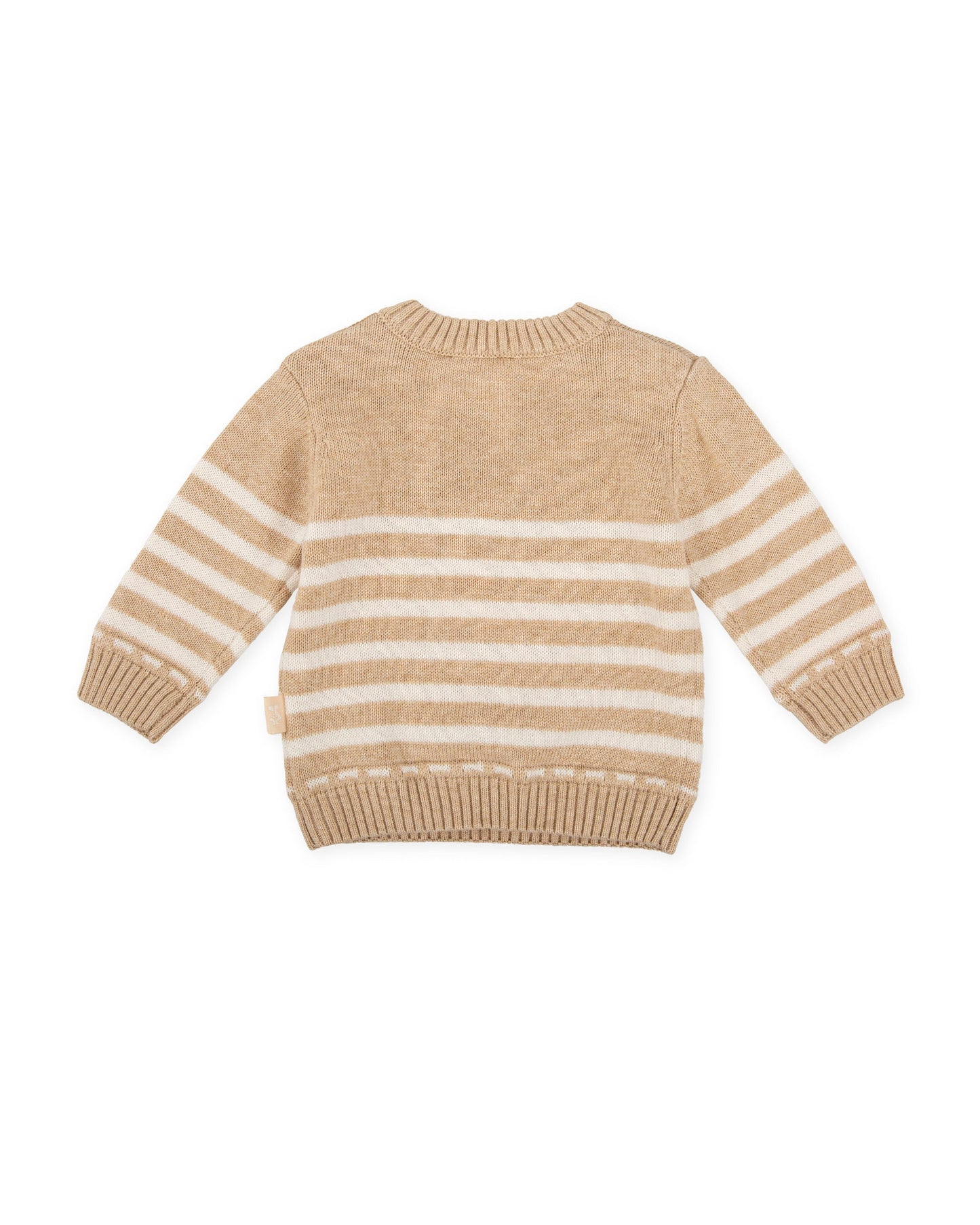 Cozy Beige Striped Knit Baby Sweater with Fun Train Design