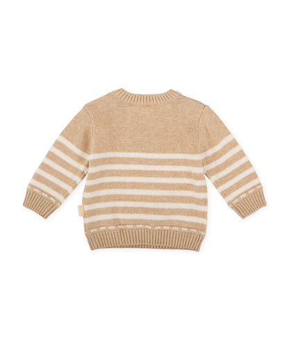 Cozy Beige Striped Knit Baby Sweater with Fun Train Design