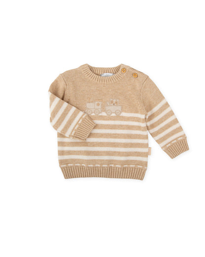 Cozy Beige Striped Knit Baby Sweater with Fun Train Design