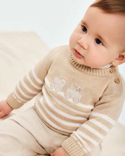 Cozy Beige Striped Knit Baby Sweater with Fun Train Design