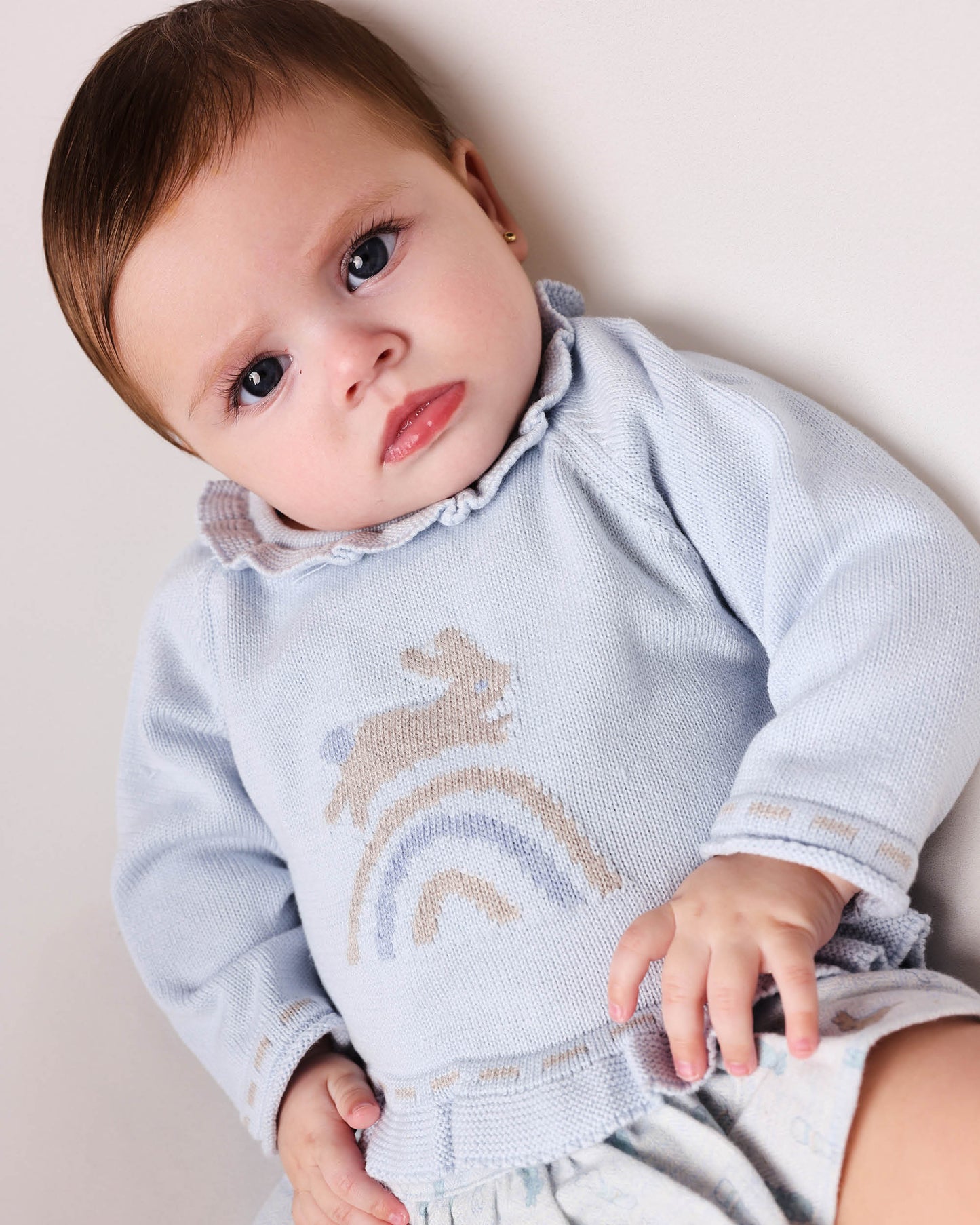 Cozy Baby Girl Blue Knit Sweater with Bunny & Ruffle Details