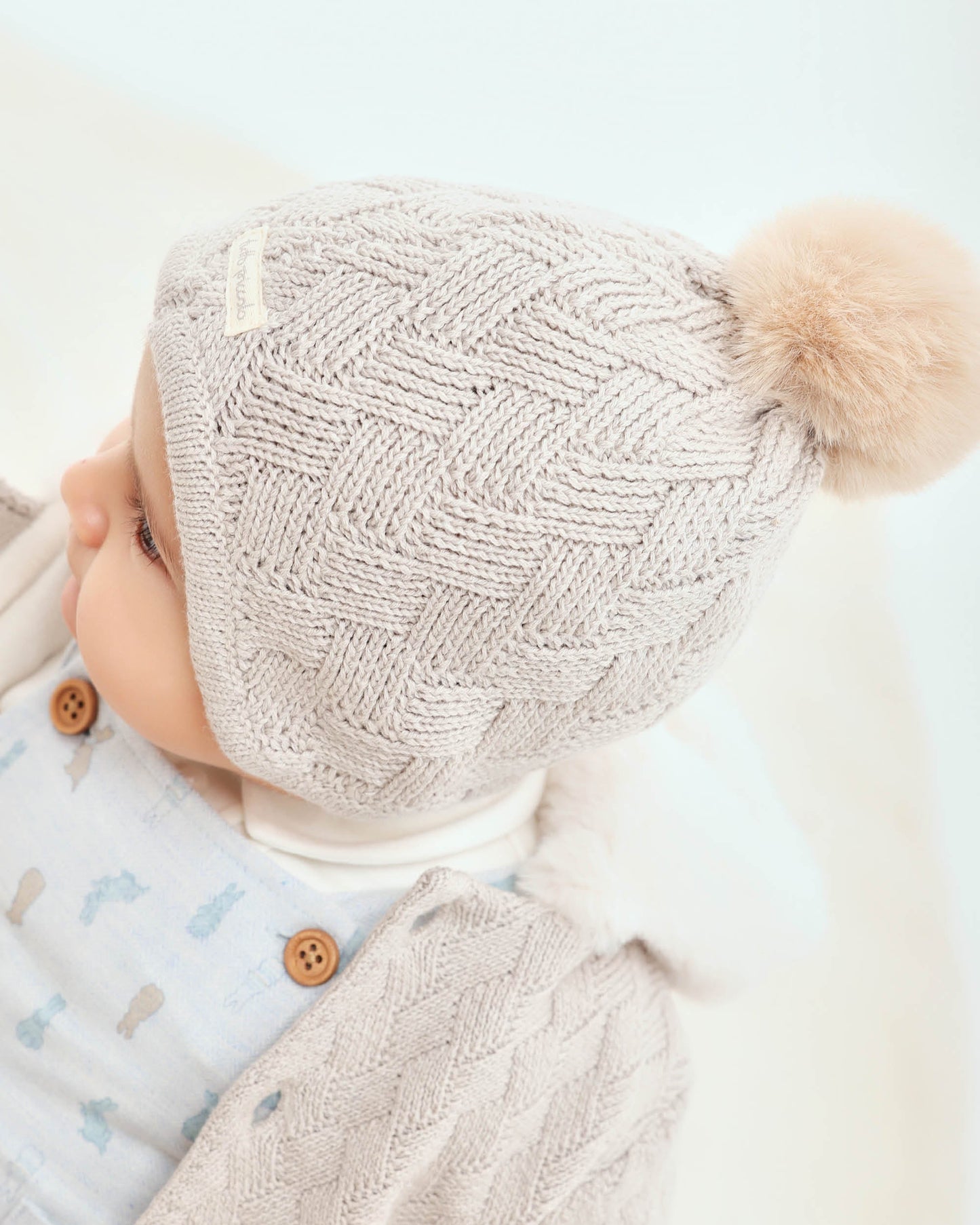 Cozy Baby Knit Hat with Faux-Fur Pom-Pom in Taupe
