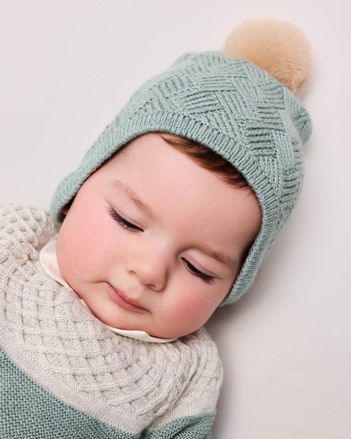 Sage Green Baby Knit Hat with Faux-Fur Pom-Pom - Warm & Stylish