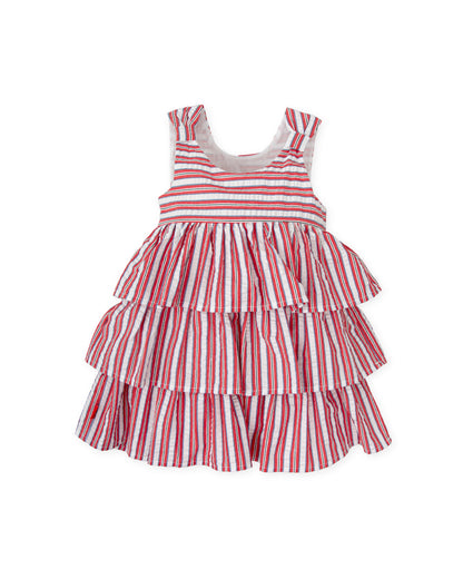 Girls' Tiered Ruffle Dress in Red, White & Navy Stripes | 100% Cotton