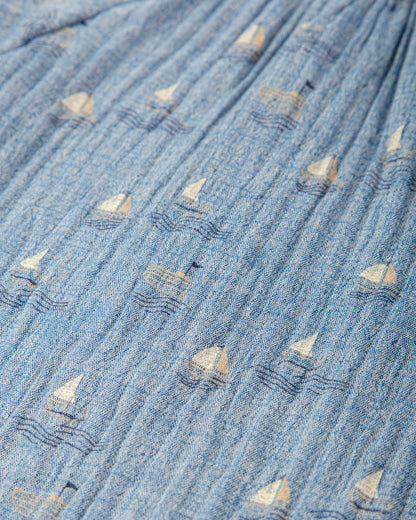 Porcelain Blue Sailboat Print Cotton Dress for Kids
