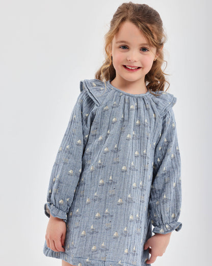 Porcelain Blue Sailboat Print Cotton Dress for Kids