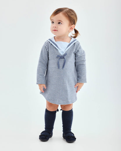 Navy & Ivory Striped Sailor Dress with Charming Bow Detail