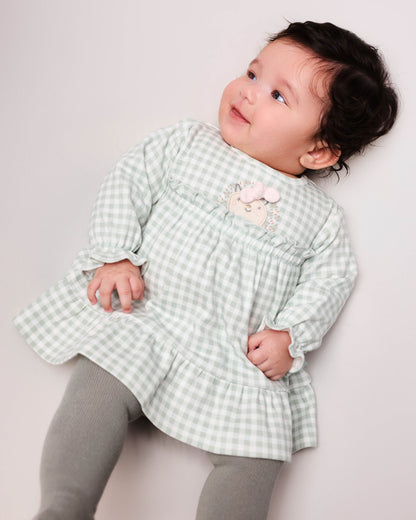 Sage Gingham Baby Dress with Lion Applique - Soft Cotton