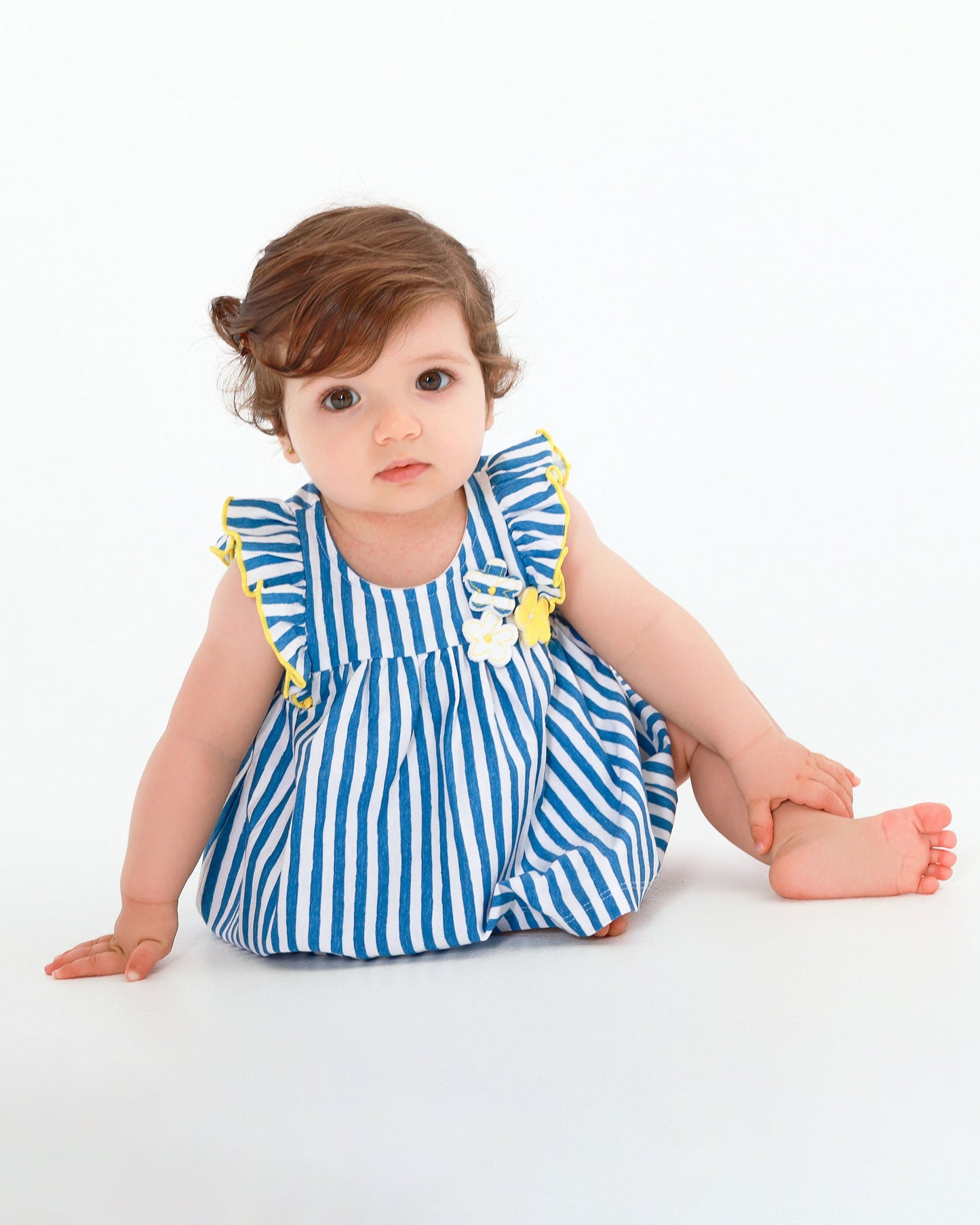 Baby Girl Blue Striped Jersey Dress with Floral & Ruffle Details