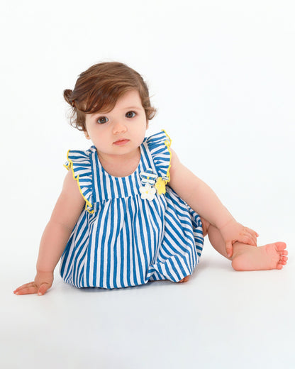 Baby Girl Blue Striped Jersey Dress with Floral & Ruffle Details
