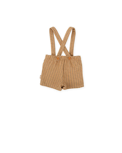 Chic Brown Houndstooth Toddler Suspender Shorts with Pockets