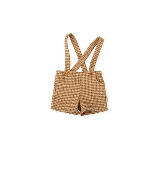 Chic Brown Houndstooth Toddler Suspender Shorts with Pockets